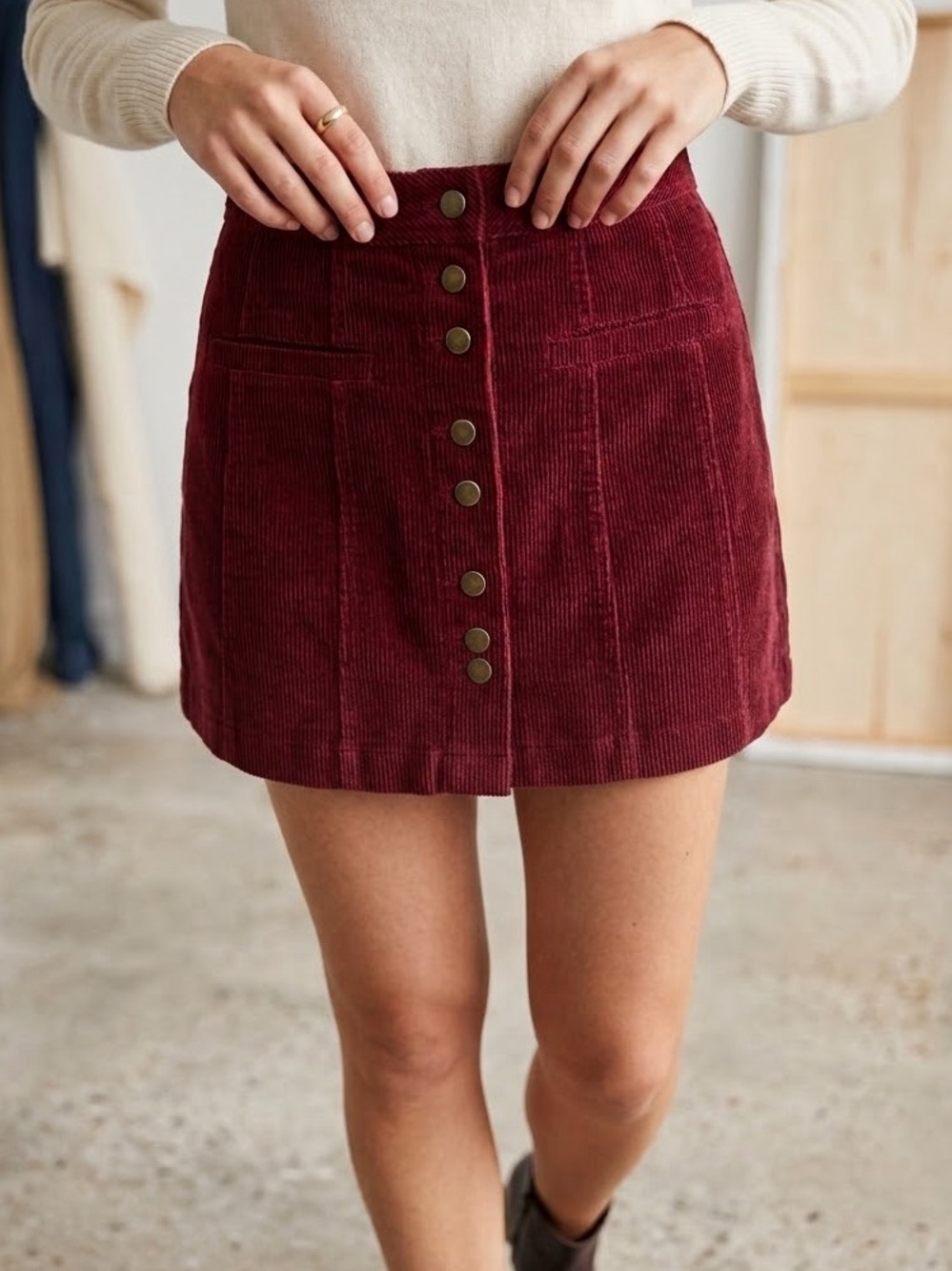 FORE Red Corduroy Mini Skirt Gold Button Accents Size Small